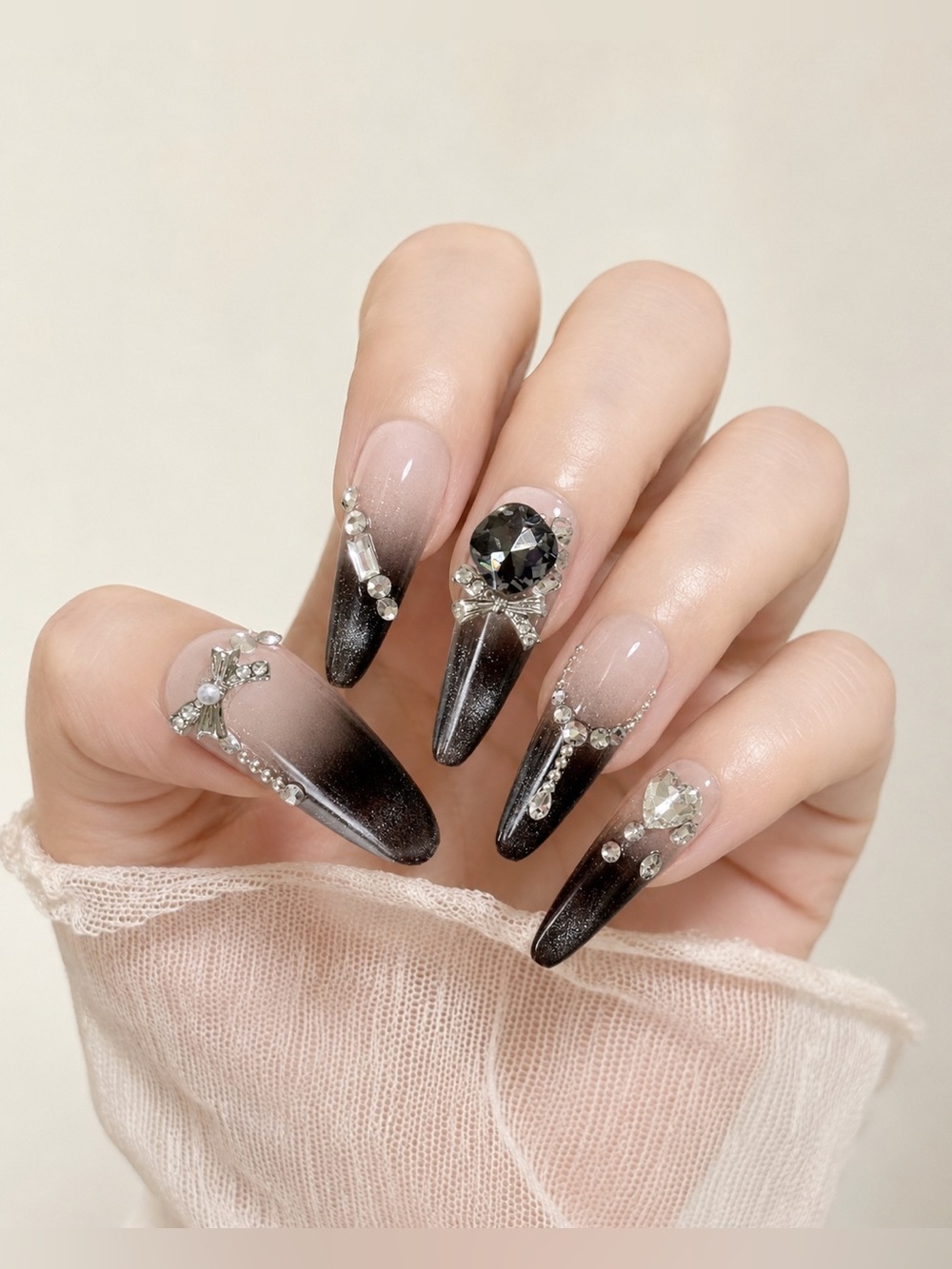 Glam Black Ombre Crystal Bow Press On Nails